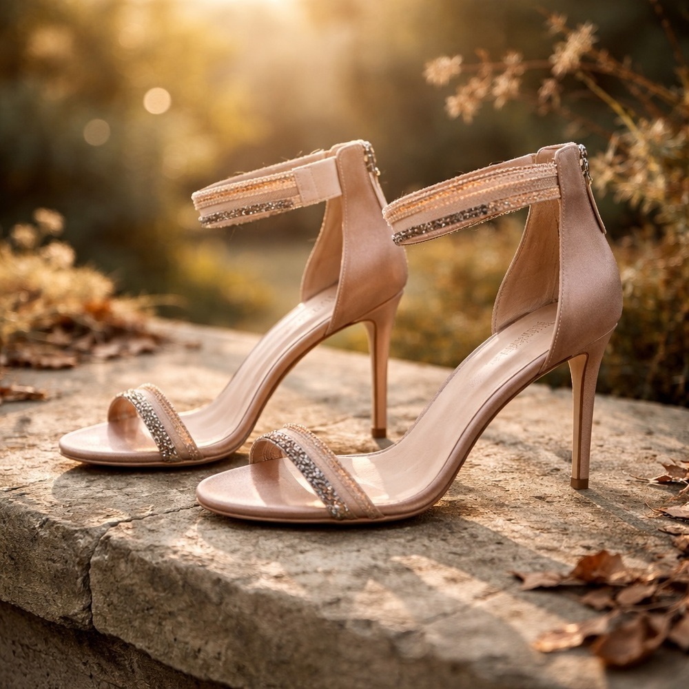 Nine West Strappy Rhinestone Stiletto Heels Synthetic Beige Gold Silver Size 10 - Picture 2 of 9
